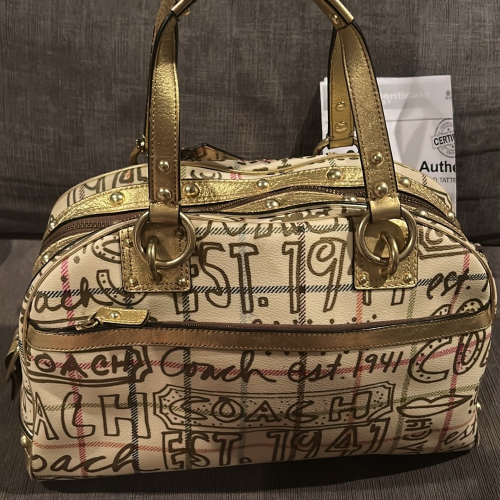 Coach Poppy Chelsea Graffiti Gold Tattersall Satchel Purse Cream and Gold - Picture 5 of 17